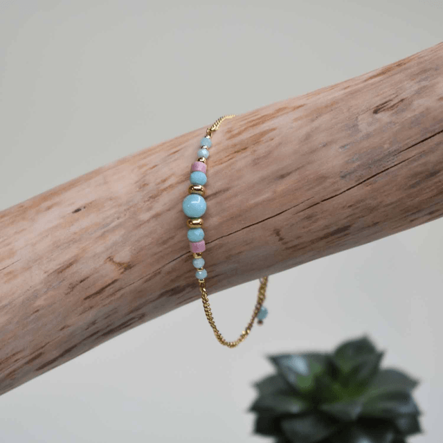 Bracelet fin gourmette et pierres d'amazonite et rhodonite