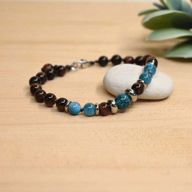 Bracelet homme avec anneaux acier et pierres de 6mm en Oeil de taureau, apatite et chrysocolle