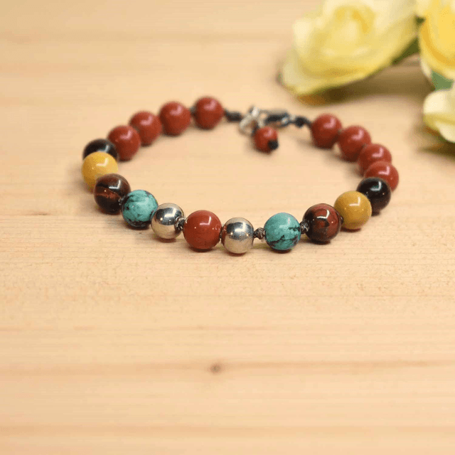 Bracelet homme 2 boules acier et pierres de jaspe brique, mokaite, turquoise africaine et oeil de taureau