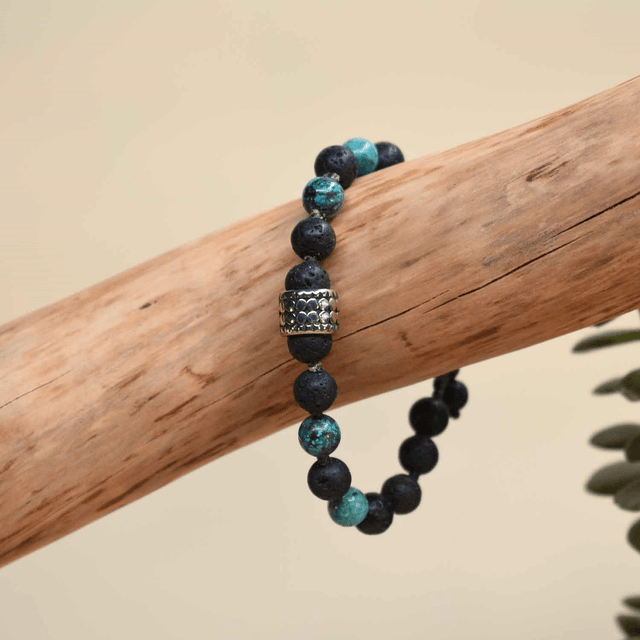 Bracelet homme grande roue à points en acier, pierre de lave et chrysocolle
