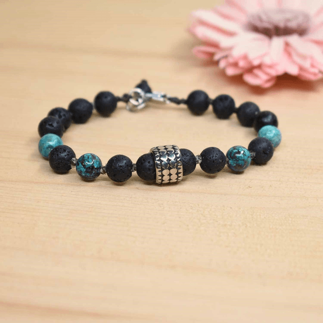 Bracelet homme grande roue à points en acier, pierre de lave et chrysocolle