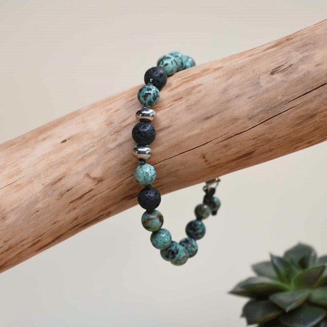 Bracelet homme 2 rondelles acier en pierre de lave et turquoise africaine