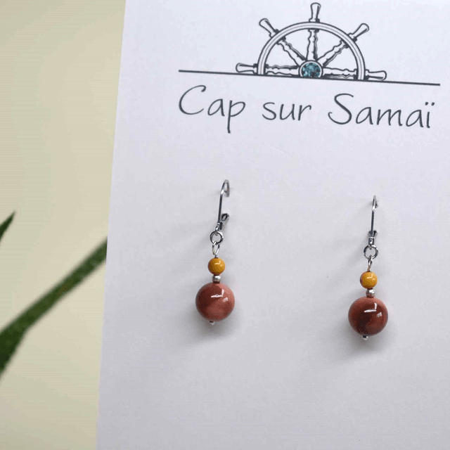 Boucles d'oreilles courtes avec 2 pierres en jaspe mokaïte