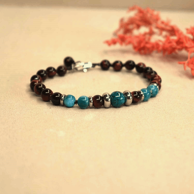 Bracelet homme avec anneaux acier et pierres de 6mm en Oeil de taureau, apatite et chrysocolle