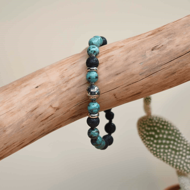 Bracelet homme boule aztèque en acier avec des pierres de 8mm en pierre de lave et turquoise africaine