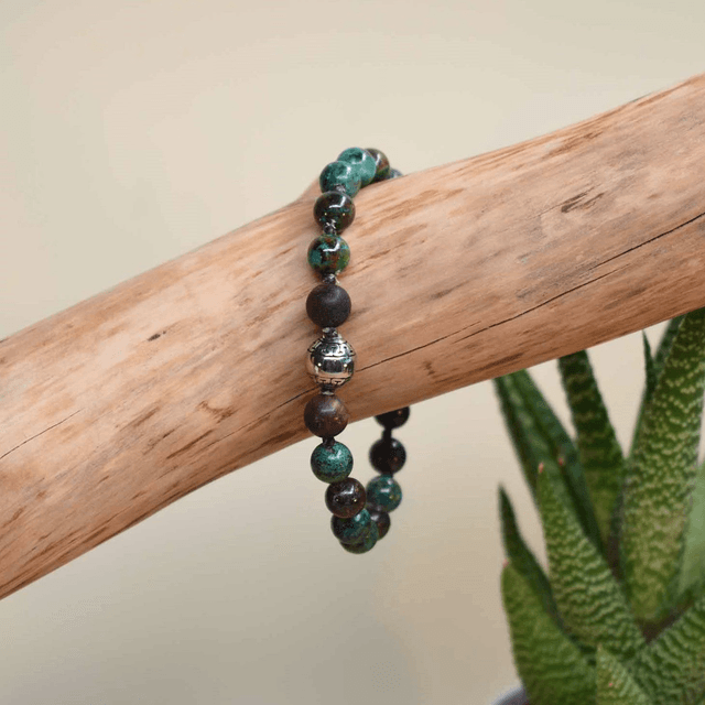 Bracelet homme boule aztèque en acier avec des pierres de 8mm en chrysocolle et oeil de taureau mat
