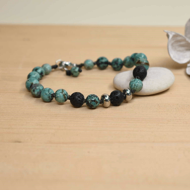 Bracelet homme 2 rondelles acier en pierre de lave et turquoise africaine
