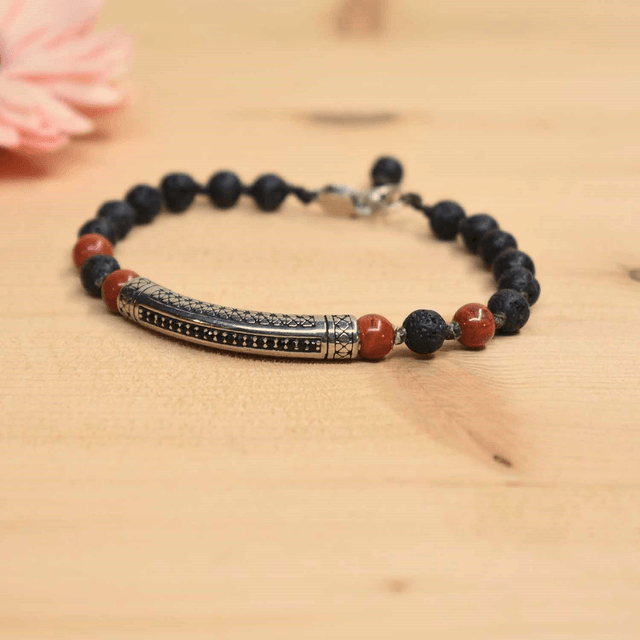 Bracelet homme  Barrette et pierres de 6mm en jaspe brique et pierre de lave