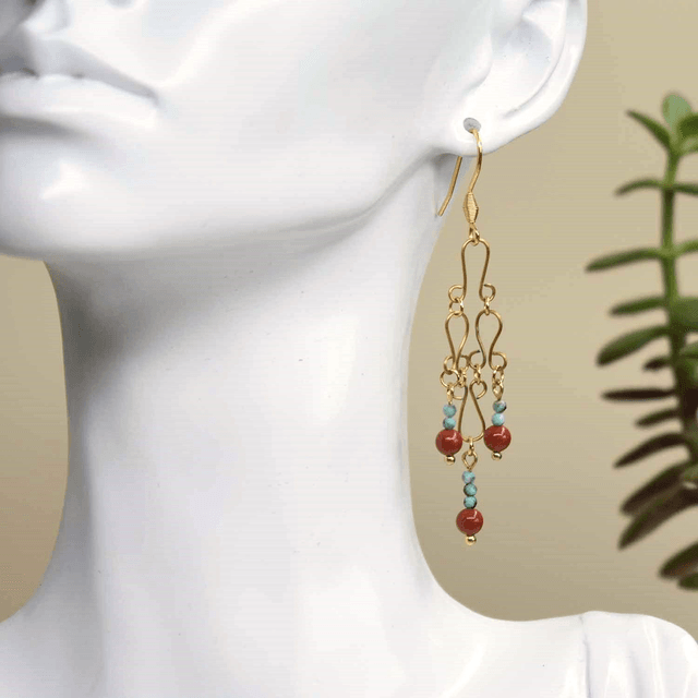 Boucles d'oreilles longues Ethniques en jaspe brique et turquoise africaine
