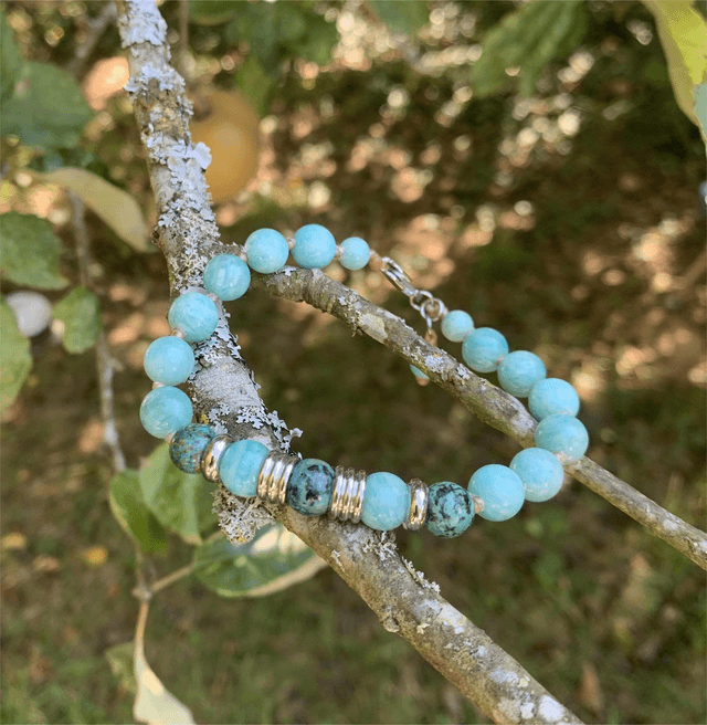 Bracelet Homme en pierres naturelles de chrysocolle et amazonite et acier inoxydable