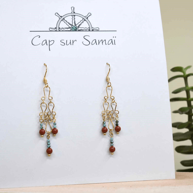 Boucles d'oreilles longues Ethniques en jaspe brique et turquoise africaine