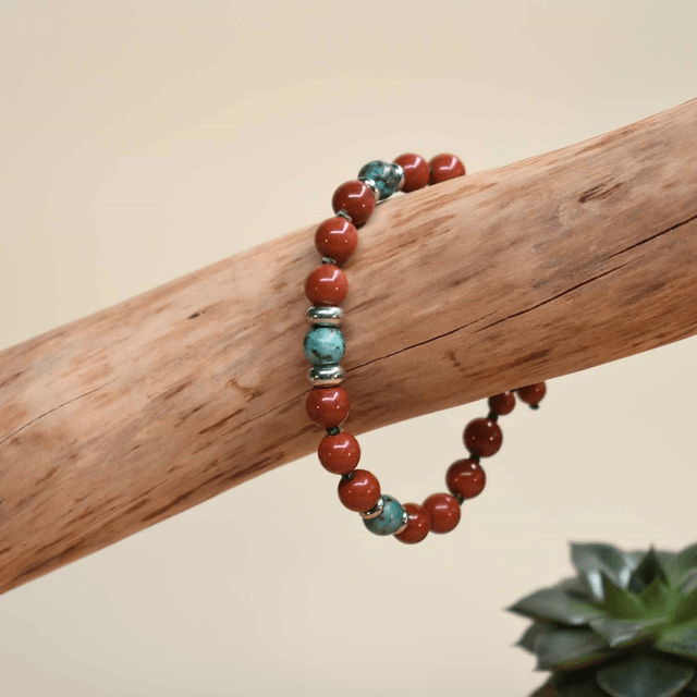 Bracelet homme avec anneaux aciers et pierres en jaspe brique et turquoise africaine