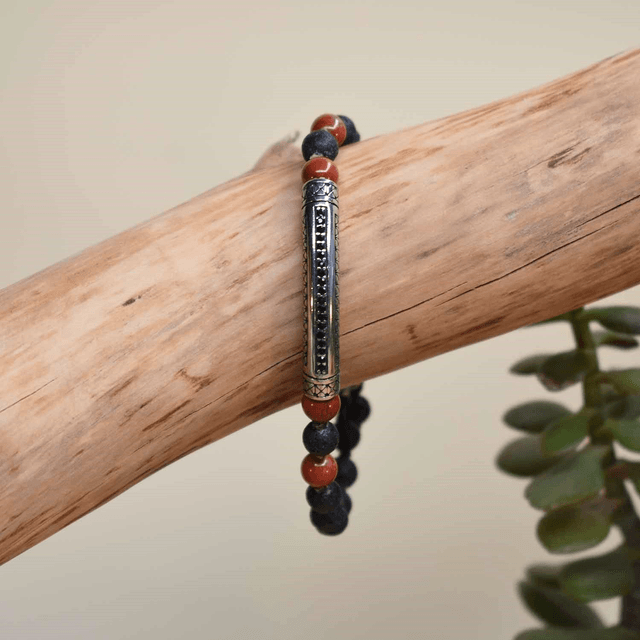 Bracelet homme  Barrette et pierres de 6mm en jaspe brique et pierre de lave