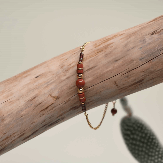 Bracelet fin gourmette et jonc en jaspe rouge et grenat
