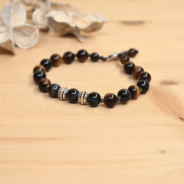 Bracelet homme 2 roues en acier et pierres en oeil de tigre, de faucon et de taureau