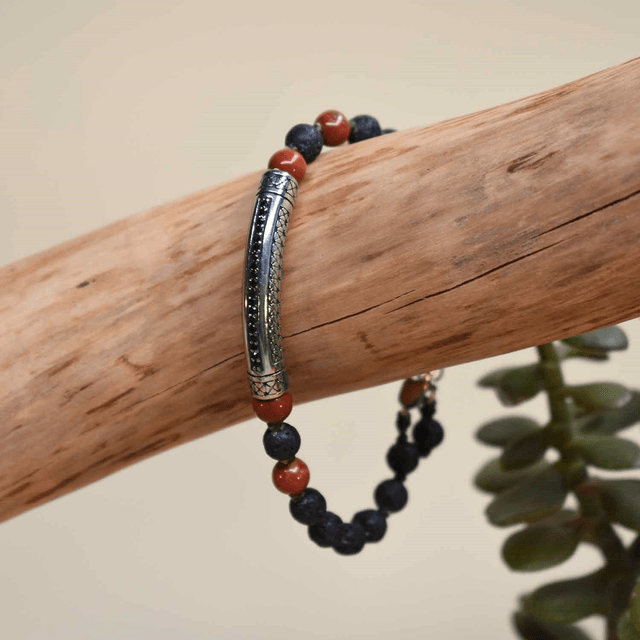 Bracelet homme  Barrette et pierres de 6mm en jaspe brique et pierre de lave