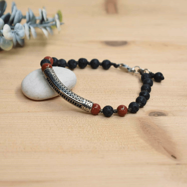 Bracelet homme  Barrette et pierres de 6mm en jaspe brique et pierre de lave