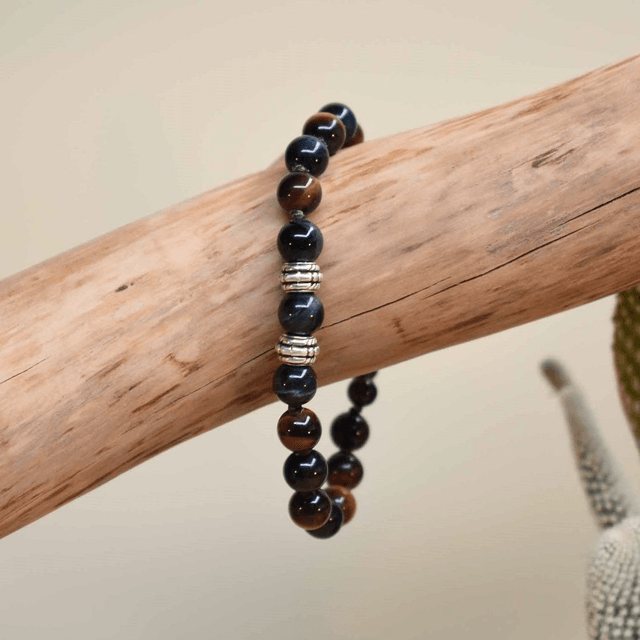 Bracelet homme 2 roues en acier et pierres en oeil de tigre, de faucon et de taureau