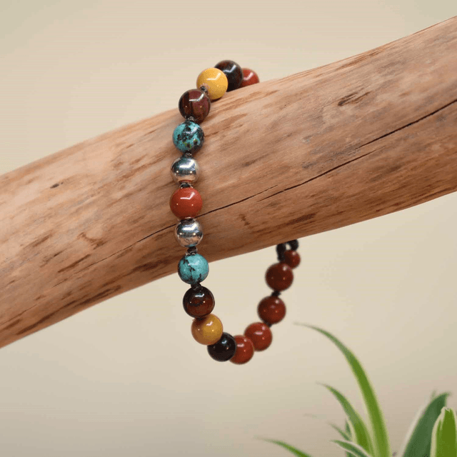 Bracelet homme 2 boules acier et pierres de jaspe brique, mokaite, turquoise africaine et oeil de taureau