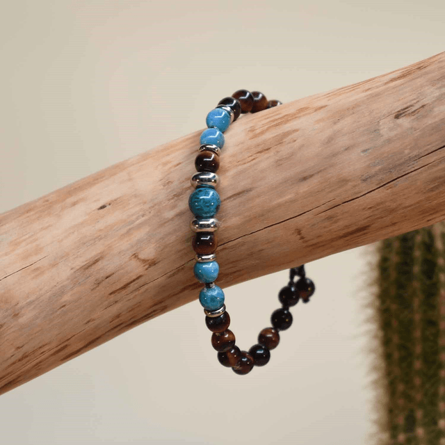 Bracelet homme avec anneaux acier et pierres de 6mm en Oeil de taureau, apatite et chrysocolle