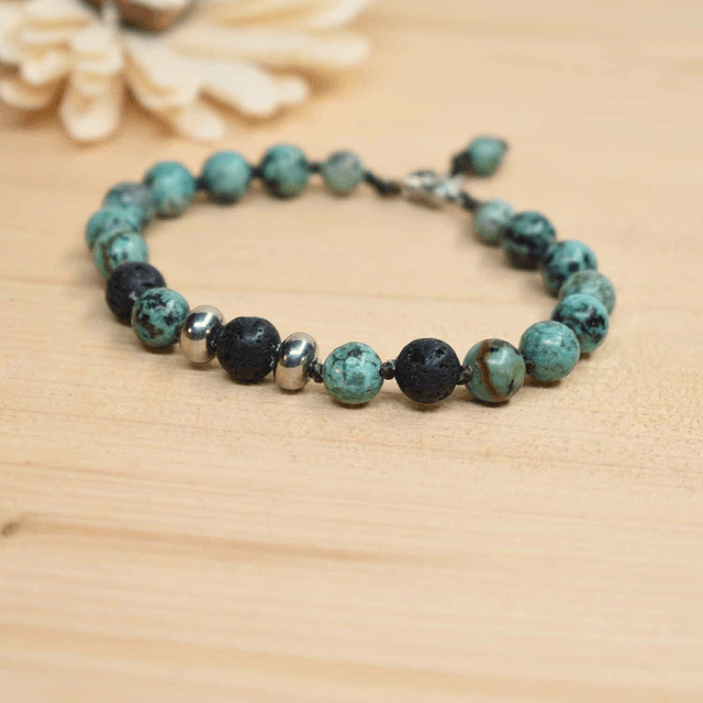 Bracelet homme 2 rondelles acier en pierre de lave et turquoise africaine