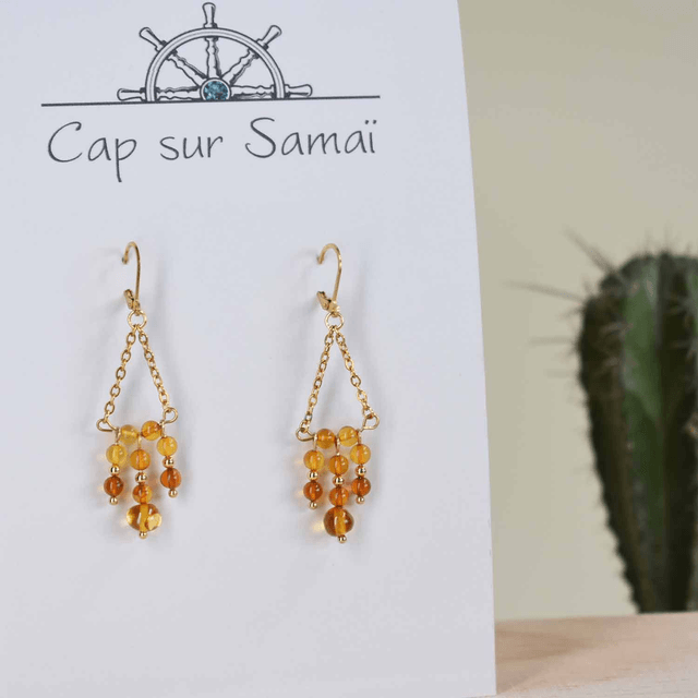 Boucles d'oreilles longues avec chaine en forme de trapèze et chutes d'ambre