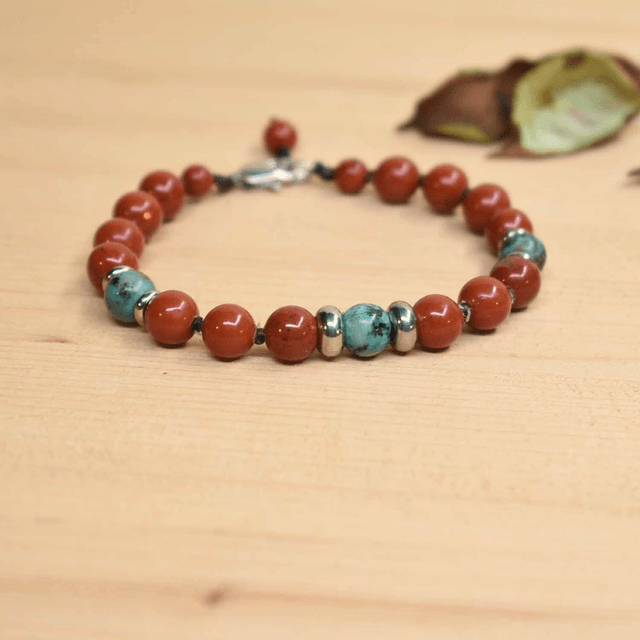 Bracelet homme avec anneaux aciers et pierres en jaspe brique et turquoise africaine