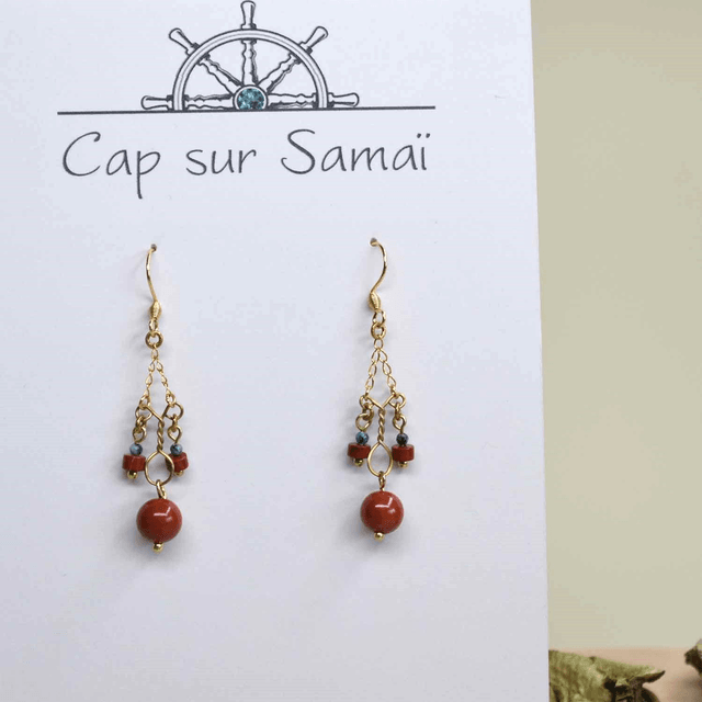 Boucles d'oreilles longues en chaine libre et jaspe rouge