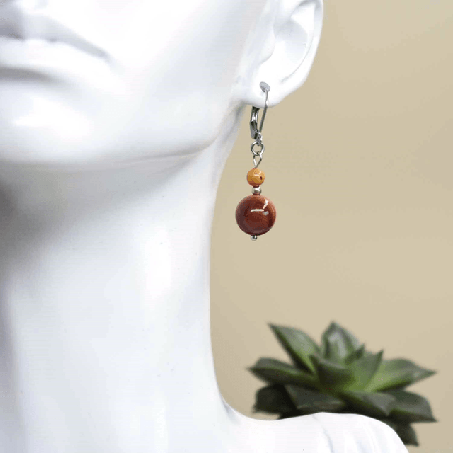 Boucles d'oreilles courtes avec 2 pierres en jaspe mokaïte