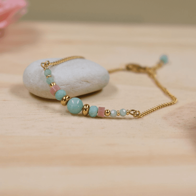 Bracelet fin gourmette et pierres d&#039;amazonite et rhodonite