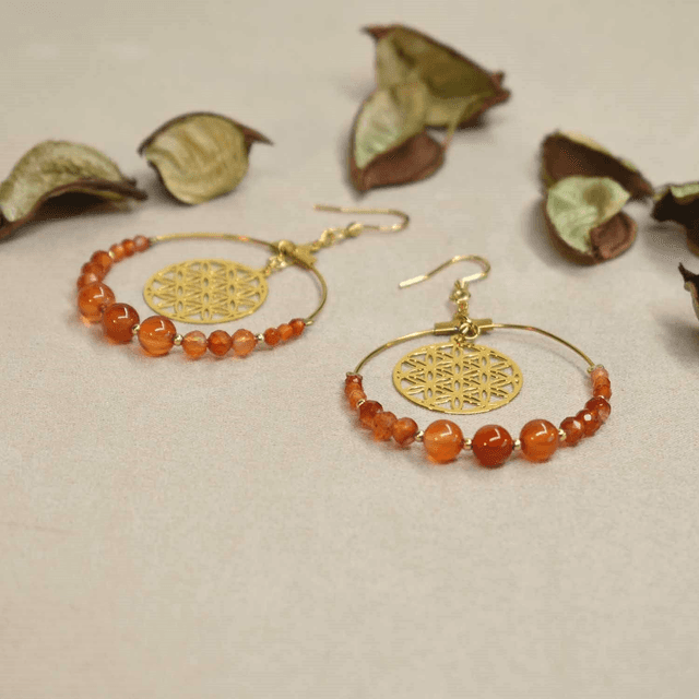 Grandes boucles d&#039;oreilles créoles fleur de vie en cornaline