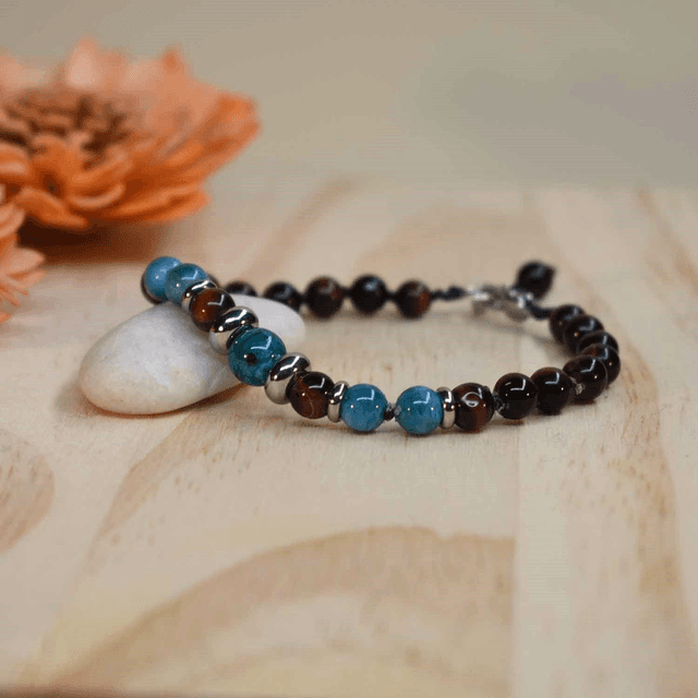 Bracelet homme avec anneaux acier et pierres de 6mm en Oeil de taureau, apatite et chrysocolle
