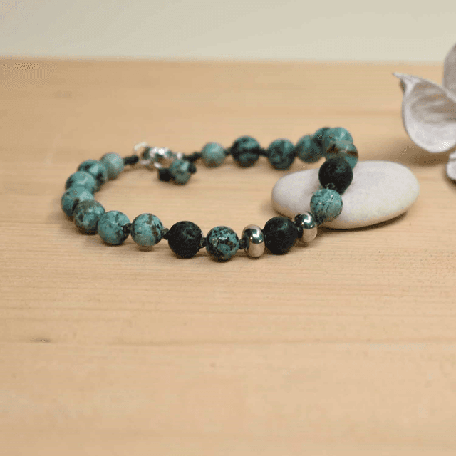 Bracelet homme 2 rondelles acier en pierre de lave et turquoise africaine