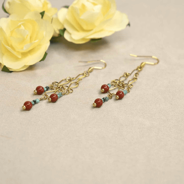 Boucles d&#039;oreilles longues Ethniques en jaspe brique et turquoise africaine