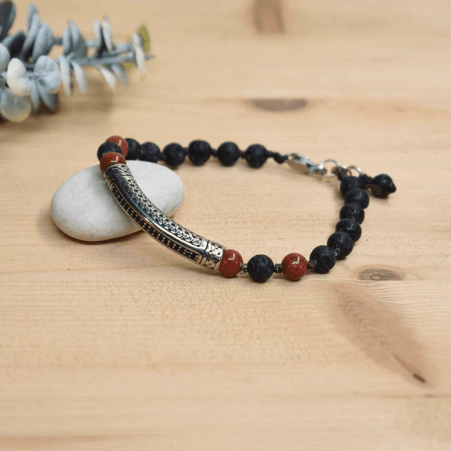 Bracelet homme  Barrette et pierres de 6mm en jaspe brique et pierre de lave